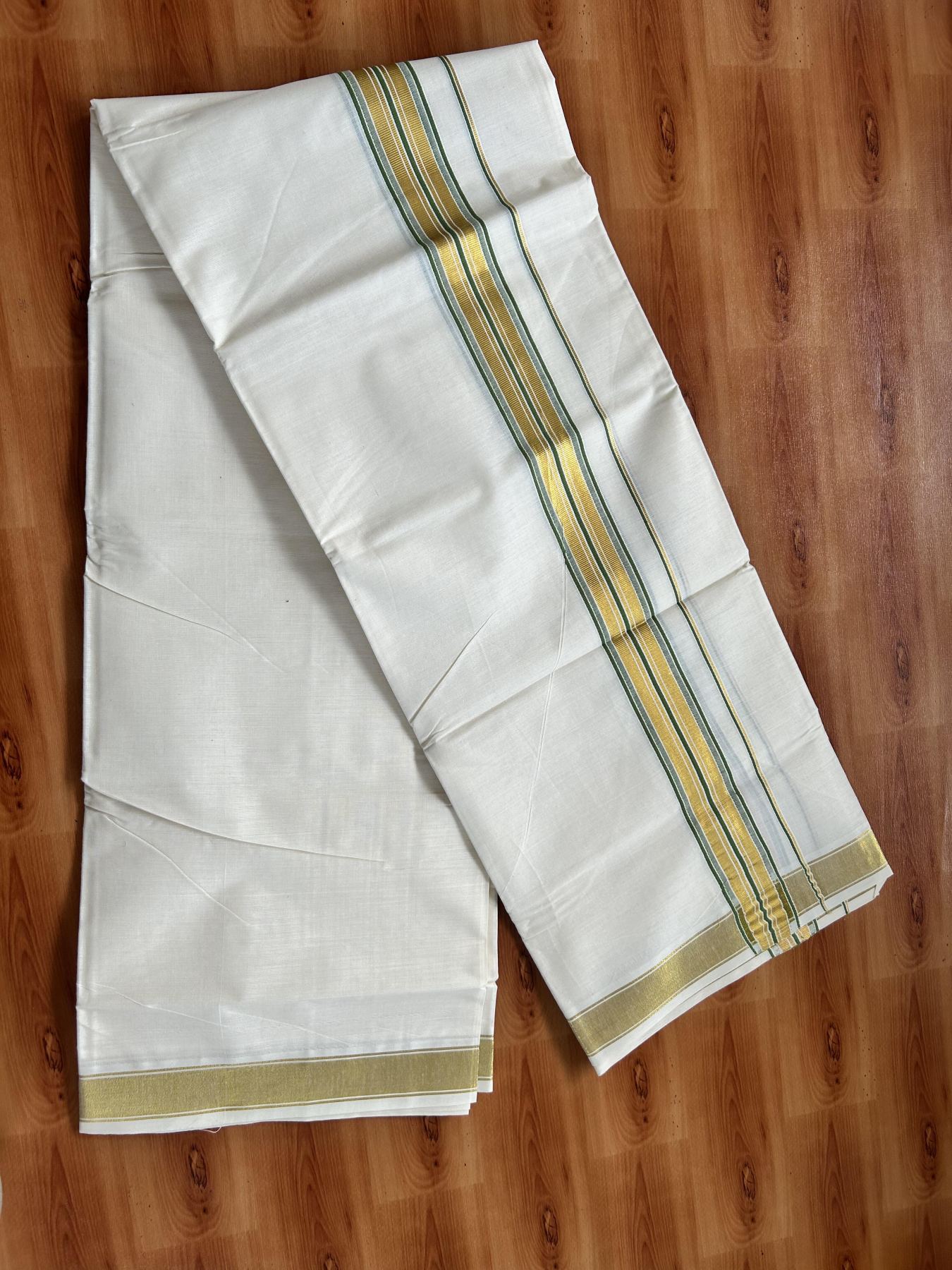 Double Off White - (Unbleached) Mundu/Dhoti - 20% Discount! KaithariKada Balaramapuram Pure Cotton - 80s - 1.5 inch Gold Kasav & Parrot Green Striped Kara - 4 mtr (8.5 Muzham) - 22 KK5416 GAN