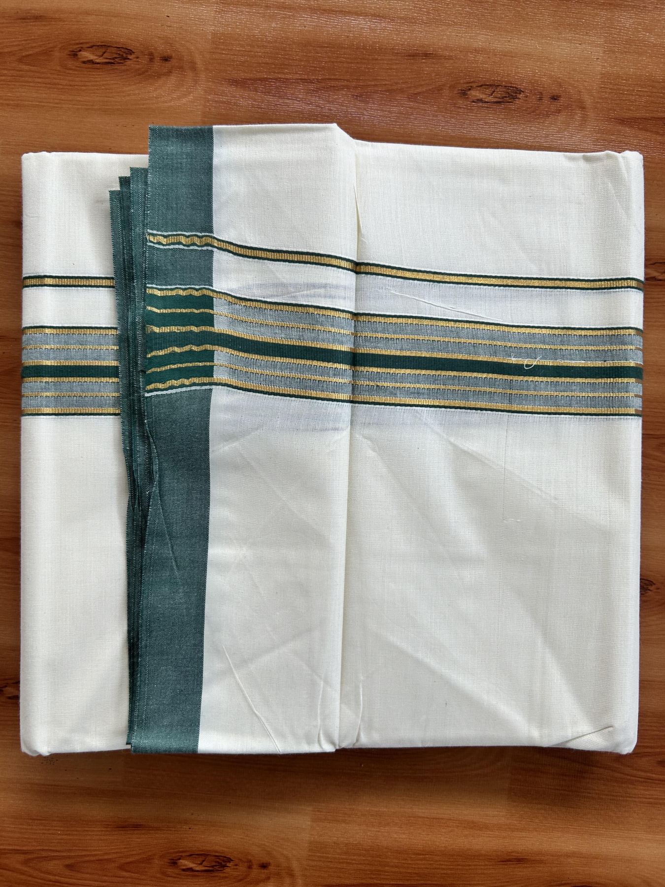 Double Off White - (Unbleached) Mundu/Dhoti - 20% Discount! KaithariKada Balaramapuram Pure Cotton - 60s - 1.5 inch Gold Kasav & Green Striped Kara - 4 mtr (8.5 Muzham) - 8 KK5416 GAN