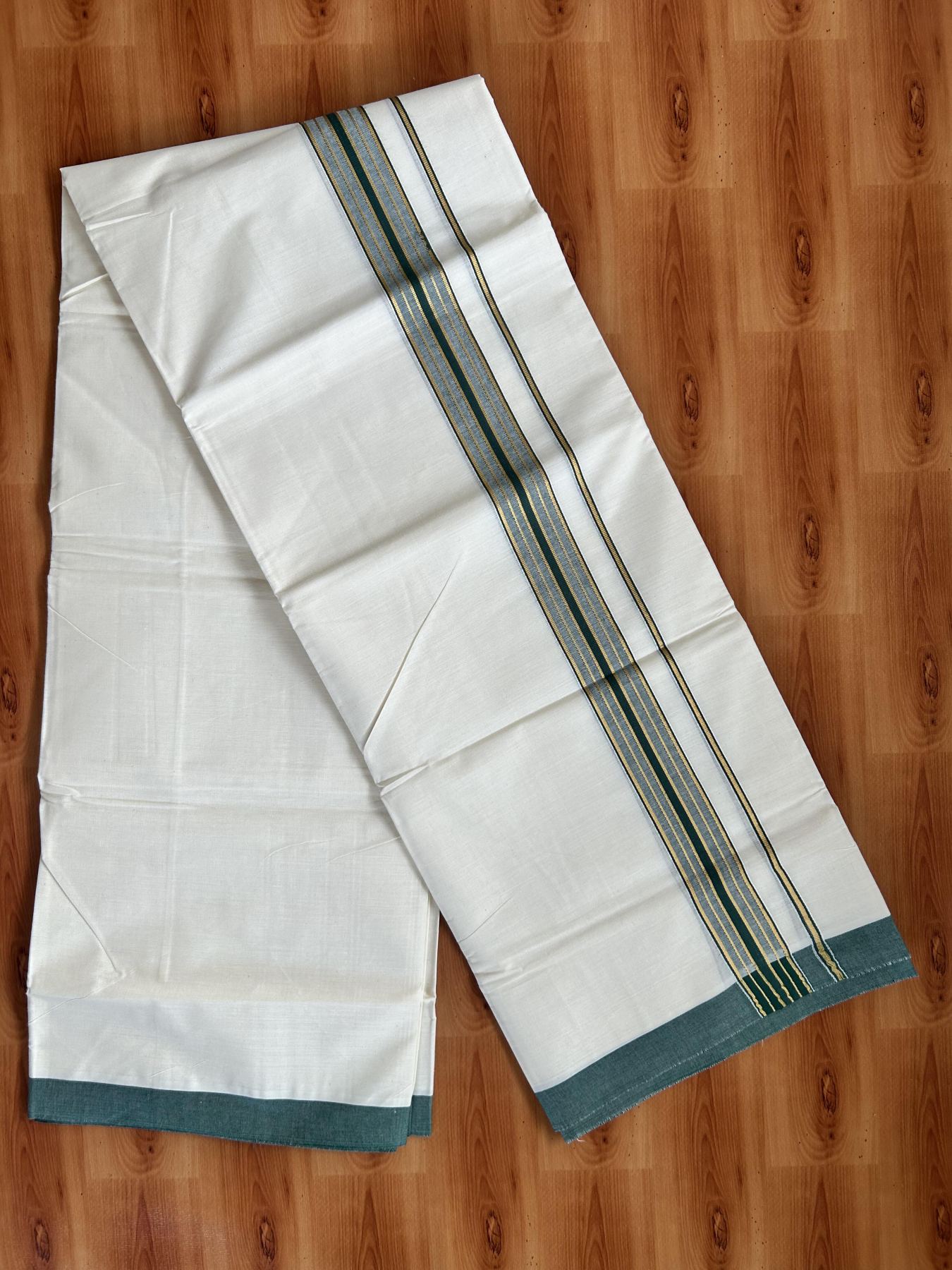 Double Off White - (Unbleached) Mundu/Dhoti - 20% Discount! KaithariKada Balaramapuram Pure Cotton - 60s - 1.5 inch Gold Kasav & Green Striped Kara - 4 mtr (8.5 Muzham) - 8 KK5416 GAN