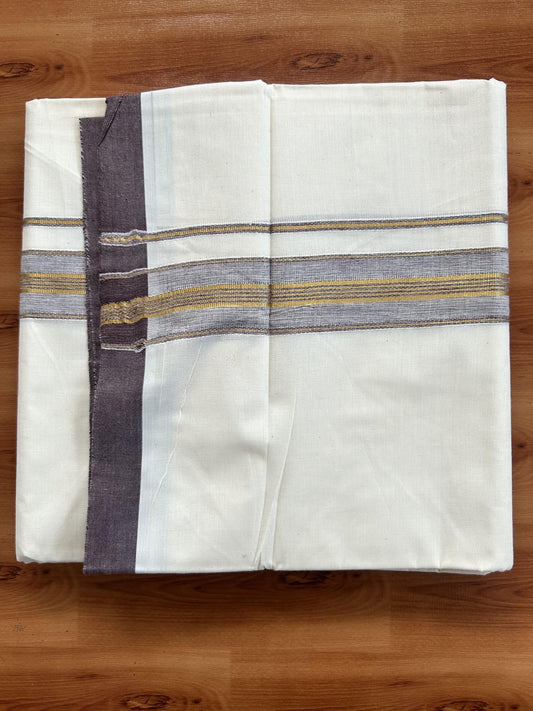 Double Off White - (Unbleached) Mundu/Dhoti - 20% Discount! KaithariKada Balaramapuram Pure Cotton - 80s - 1.5 inch Gold Kasav & Brown Striped Kara - 4 mtr (8.5 Muzham) - 10 KK5416 GAN