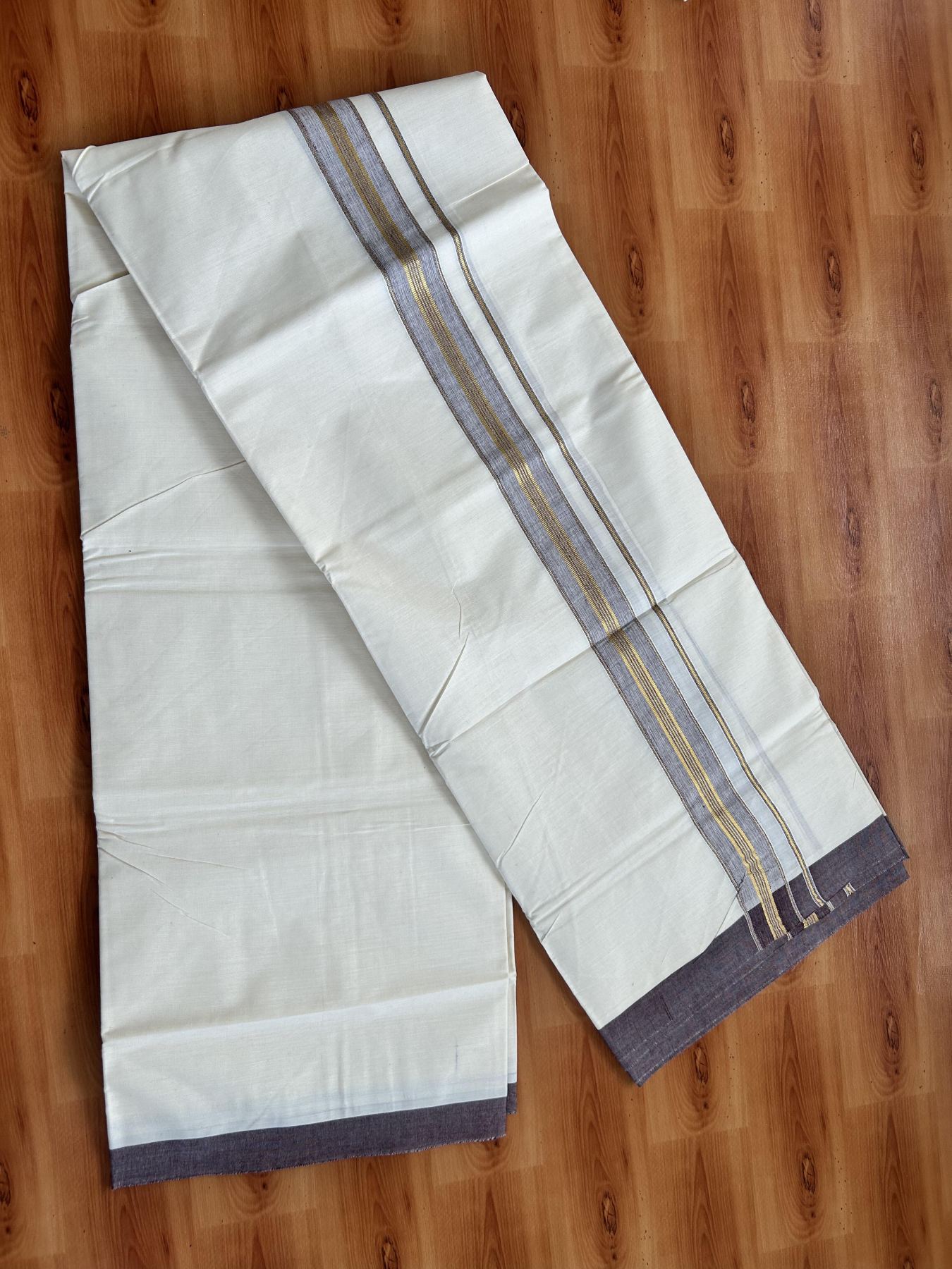 Double Off White - (Unbleached) Mundu/Dhoti - 20% Discount! KaithariKada Balaramapuram Pure Cotton - 80s - 1.5 inch Gold Kasav & Brown Striped Kara - 4 mtr (8.5 Muzham) - 10 KK5416 GAN