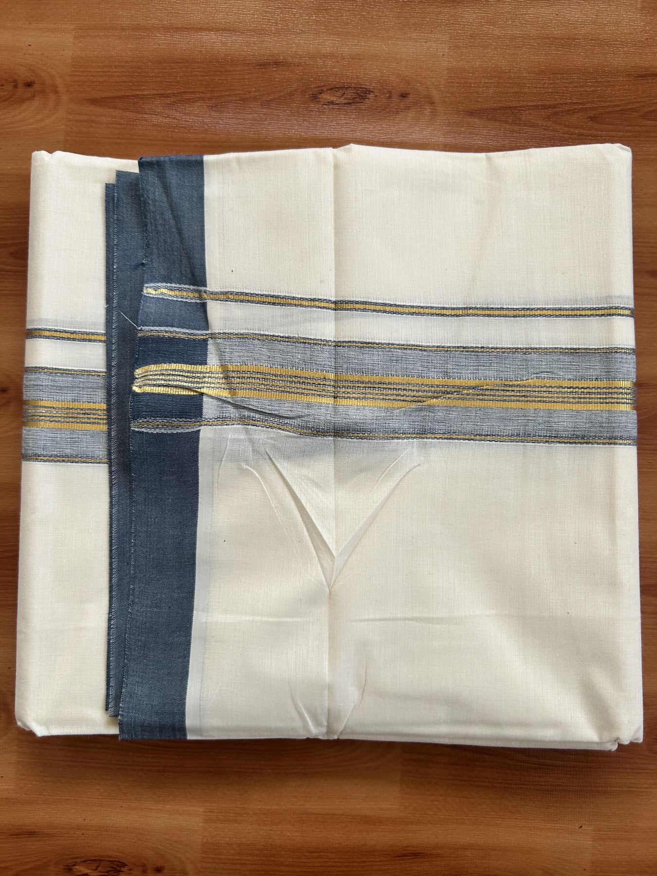 Double Off White - (Unbleached) Mundu/Dhoti - 20% Discount! KaithariKada Balaramapuram Pure Cotton - 80s - 1.5 inch Gold Kasav & Greyish Blue Striped Kara - 4 mtr (8.5 Muzham) - 16 KK5416 GAN