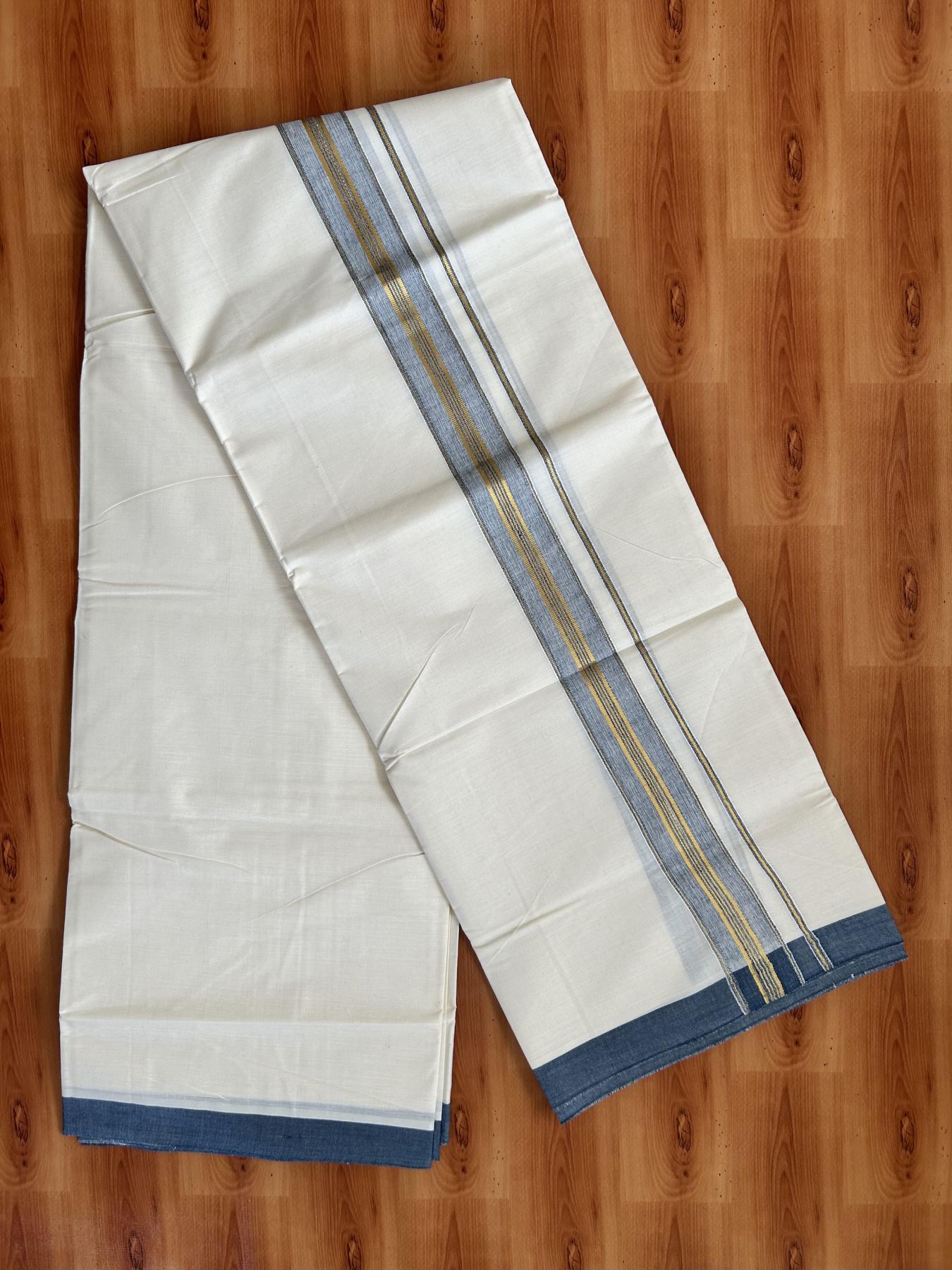 Double Off White - (Unbleached) Mundu/Dhoti - 20% Discount! KaithariKada Balaramapuram Pure Cotton - 80s - 1.5 inch Gold Kasav & Greyish Blue Striped Kara - 4 mtr (8.5 Muzham) - 16 KK5416 GAN