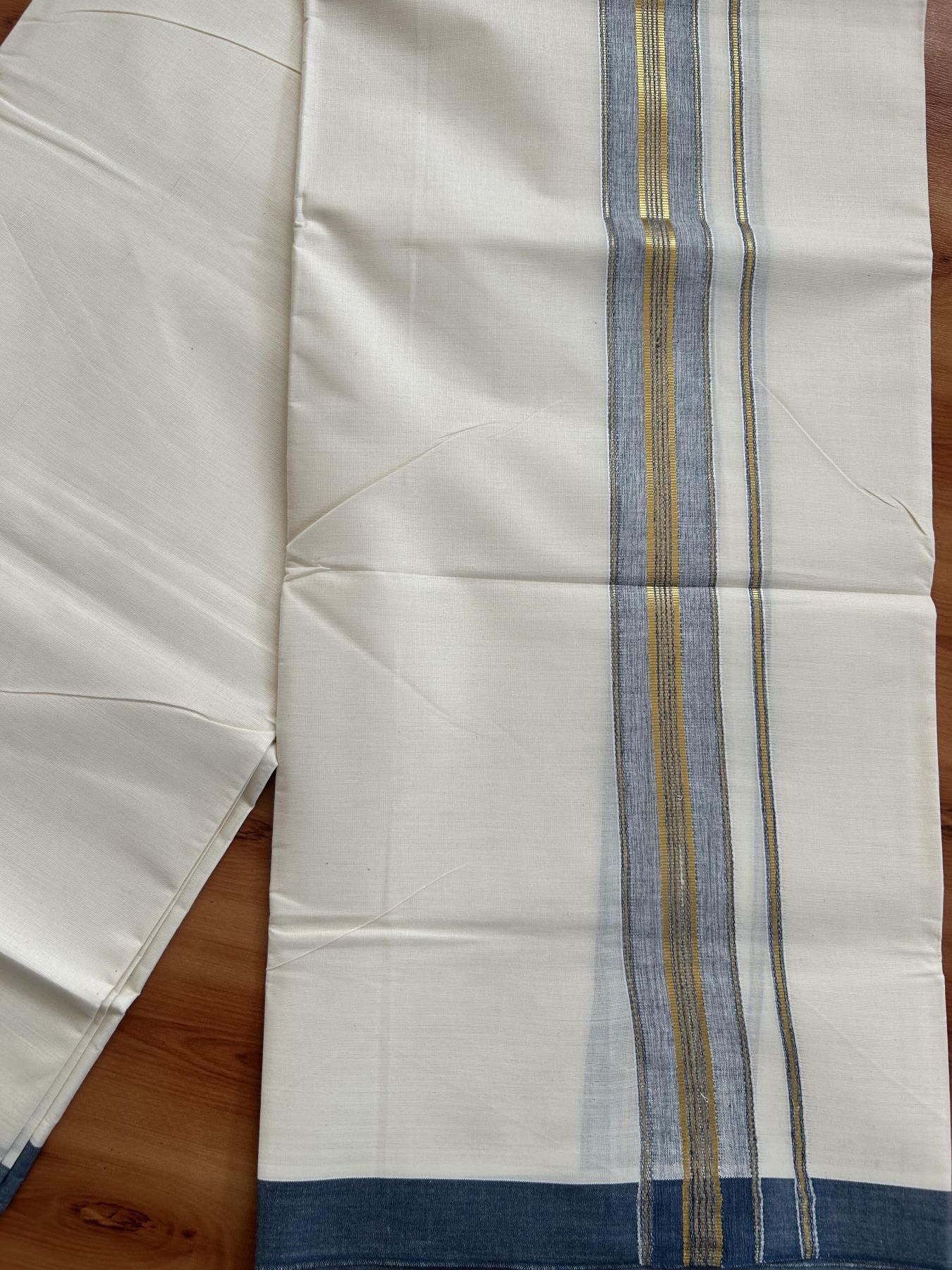 Double Off White - (Unbleached) Mundu/Dhoti - 20% Discount! KaithariKada Balaramapuram Pure Cotton - 80s - 1.5 inch Gold Kasav & Greyish Blue Striped Kara - 4 mtr (8.5 Muzham) - 16 KK5416 GAN