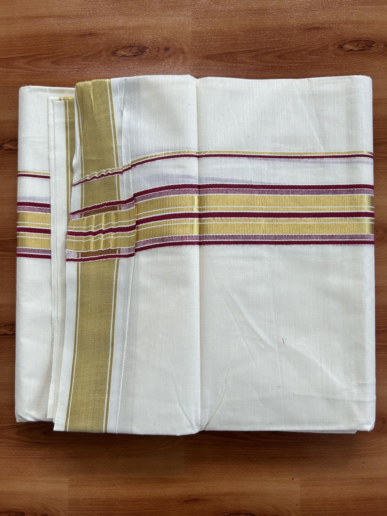 Double Off White - (Unbleached) Mundu/Dhoti - 20% Discount! KaithariKada Balaramapuram Pure Cotton - 80s - 1.5 inch Gold Kasav & Light Marron Striped Kara - 4 mtr (8.5 Muzham) - 18 KK5416 GAN