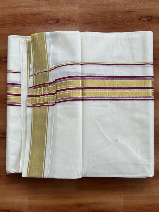 Double Off White - (Unbleached) Mundu/Dhoti - 20% Discount! KaithariKada Balaramapuram Pure Cotton - 80s - 1.5 inch Gold Kasav & Light Marron Striped Kara - 4 mtr (8.5 Muzham) - 18 KK5416 GAN