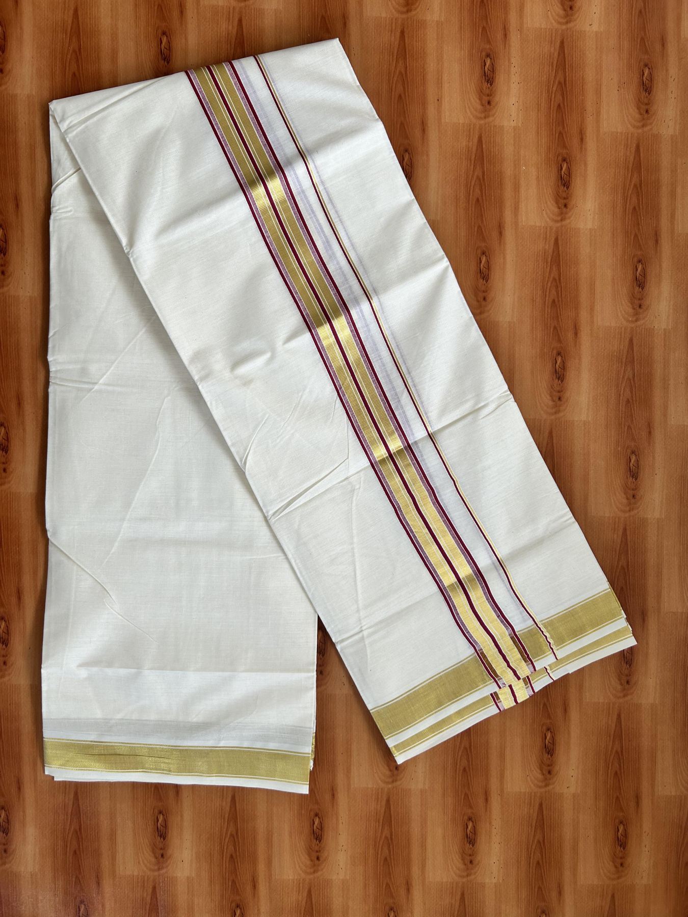 Double Off White - (Unbleached) Mundu/Dhoti - 20% Discount! KaithariKada Balaramapuram Pure Cotton - 80s - 1.5 inch Gold Kasav & Light Marron Striped Kara - 4 mtr (8.5 Muzham) - 18 KK5416 GAN