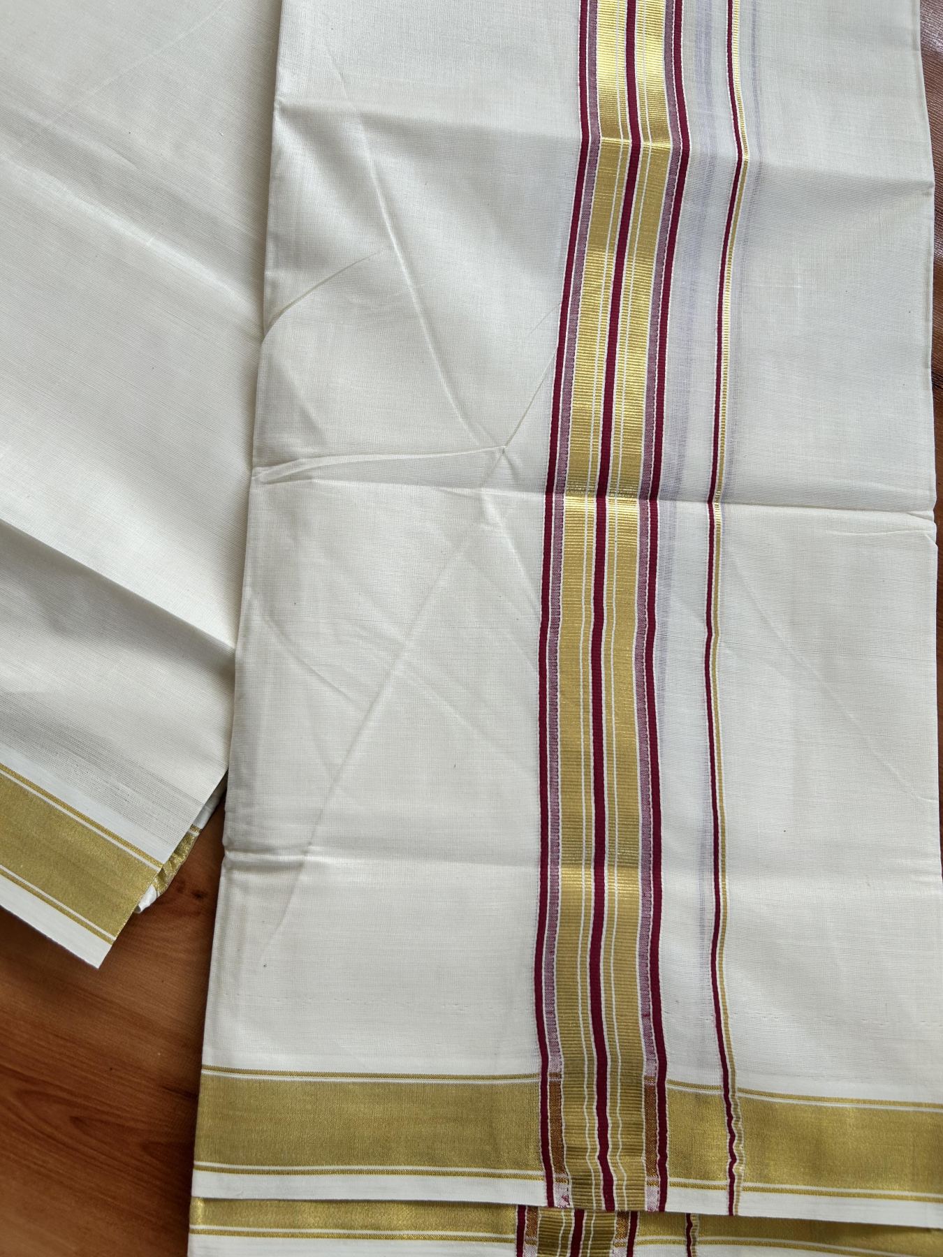 Double Off White - (Unbleached) Mundu/Dhoti - 20% Discount! KaithariKada Balaramapuram Pure Cotton - 80s - 1.5 inch Gold Kasav & Light Marron Striped Kara - 4 mtr (8.5 Muzham) - 18 KK5416 GAN