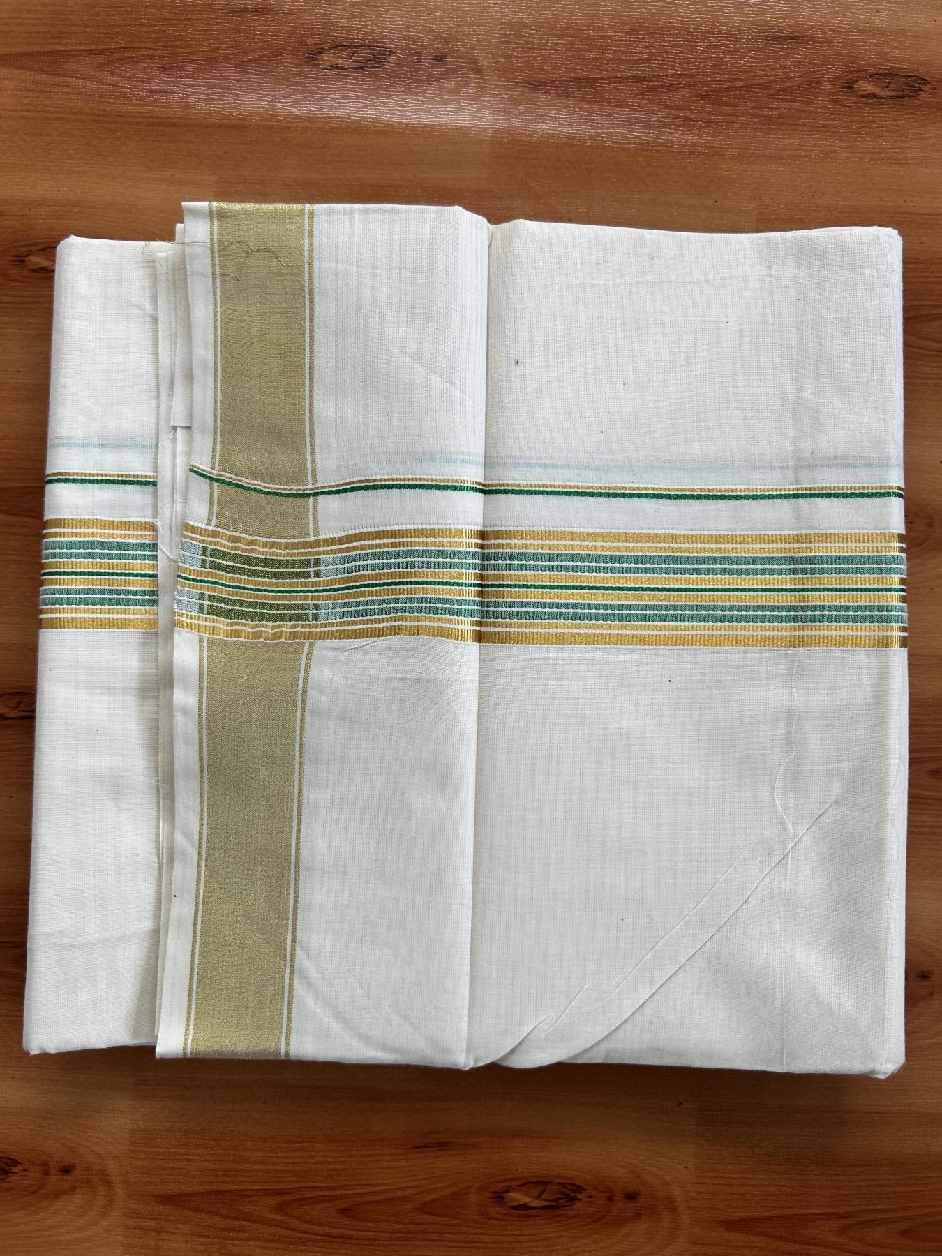 Double Off White - (Unbleached) Mundu/Dhoti - 20% Discount! KaithariKada Balaramapuram Pure Cotton - 80s - 1.5 inch Gold Kasav & Light Green Striped Kara - 4 mtr (8.5 Muzham) - 24 KK5416 GAN