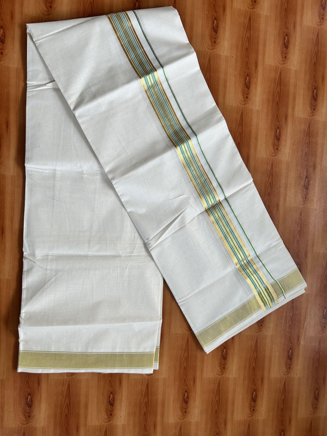 Double Off White - (Unbleached) Mundu/Dhoti - 20% Discount! KaithariKada Balaramapuram Pure Cotton - 80s - 1.5 inch Gold Kasav & Light Green Striped Kara - 4 mtr (8.5 Muzham) - 24 KK5416 GAN