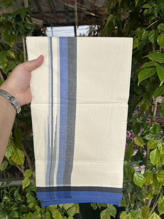 20% Discount ! Kaitharikada Balaramapuram 100% Pure Cotton Double Off white (Unbleached) Mundu/Dhoti - 100x80 - 1.5 inch Black & Blue Shaded Stripes Chutty Kara 3.90 mtr (8 muzham) - 22 KK5313 PMC