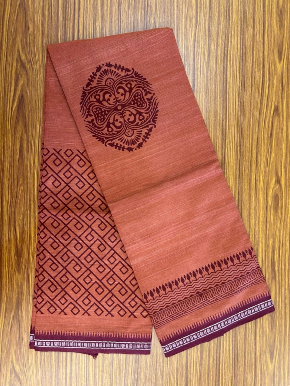 17% Discount!!! Kaitharikada 90% cotton 5 % Polyster - Single Kaily / Lungi - 1.75 inch Maroon printed kuppadam Border with Kavi colour body  (2 meter / 4 muzham)- 5KK8022 AS