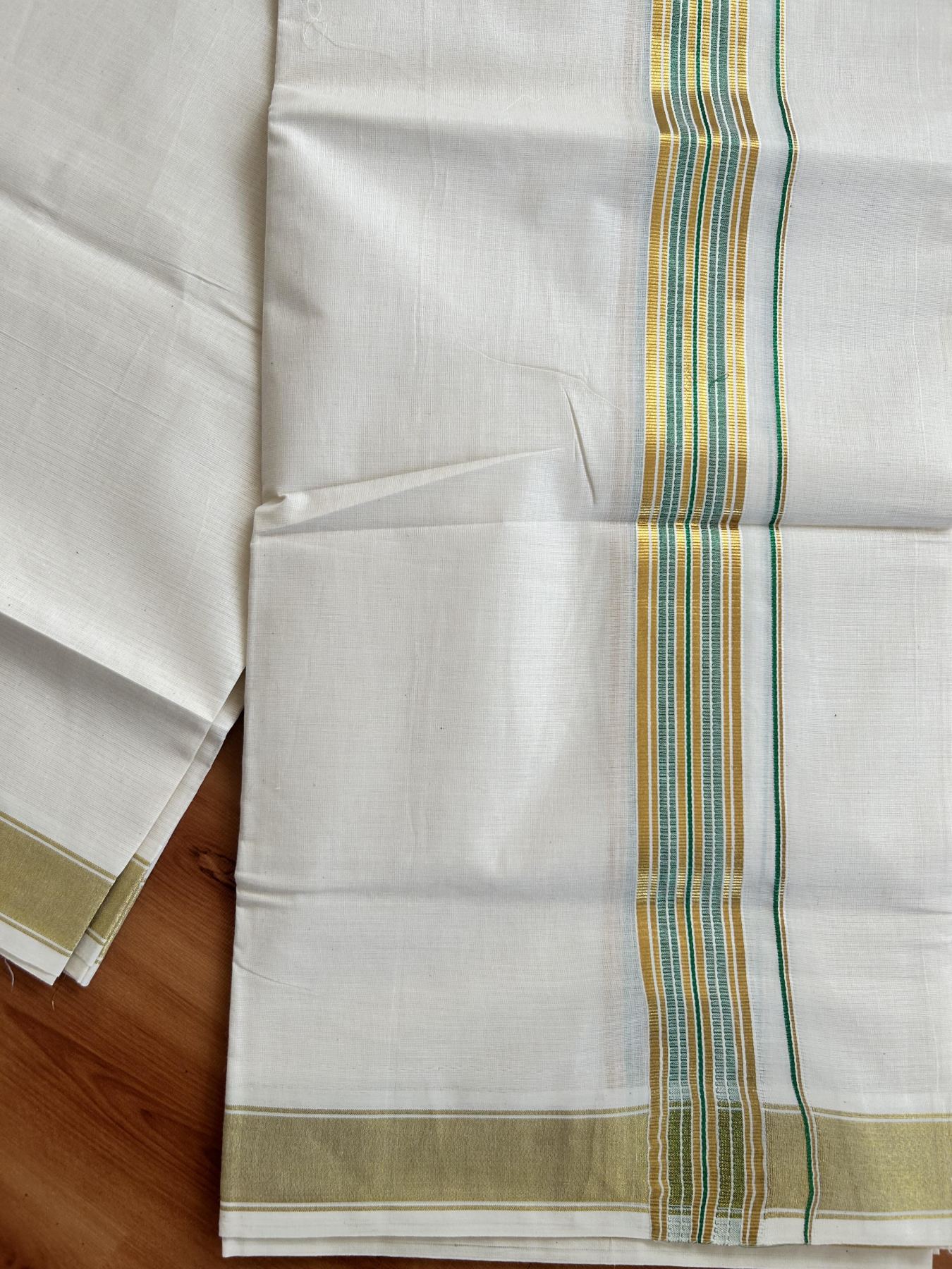 Double Off White - (Unbleached) Mundu/Dhoti - 20% Discount! KaithariKada Balaramapuram Pure Cotton - 80s - 1.5 inch Gold Kasav & Light Green Striped Kara - 4 mtr (8.5 Muzham) - 24 KK5416 GAN