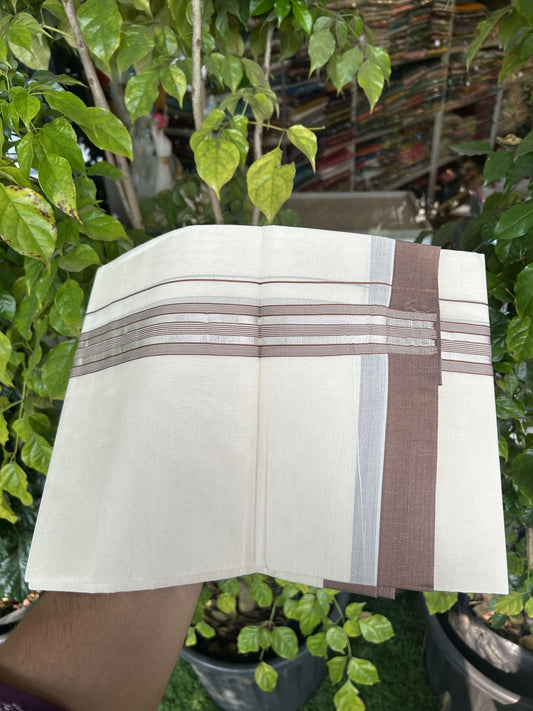 20% Discount !! KaithariKada Balaramapuram Double Off White (Unbleached) Mundu/Dhoti - 100x80 - 1.25 inch Brown & Silver Striped kara 3.90 mtr (8 muzham) - 13 KK5313 PMC