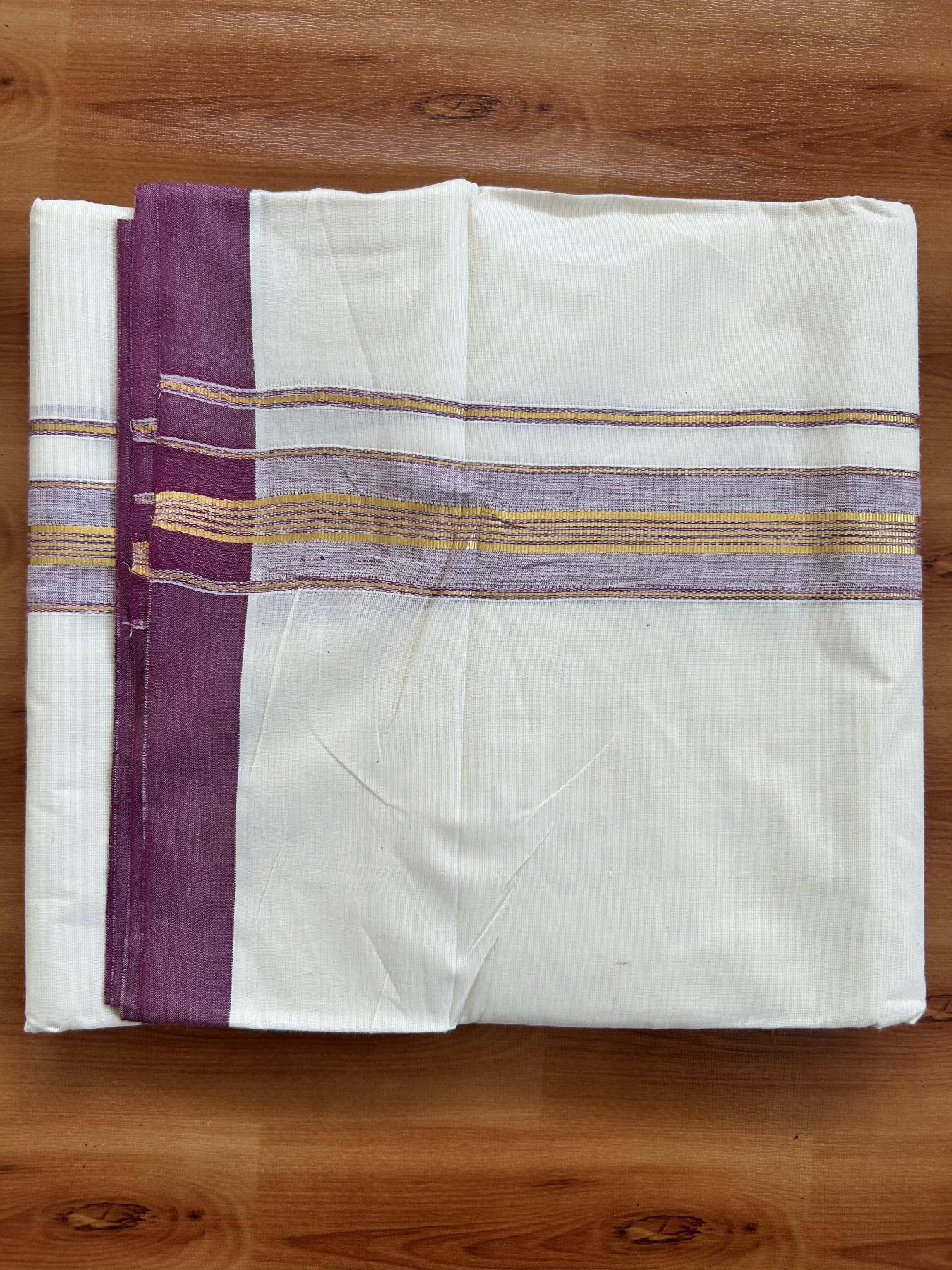 Double Off White - (Unbleached) Mundu/Dhoti - 20% Discount! KaithariKada Balaramapuram Pure Cotton - 80s - 1.5 inch Gold Kasav & Purple Wine Striped Kara - 4 mtr (8.5 Muzham) - 11 KK5416 GAN
