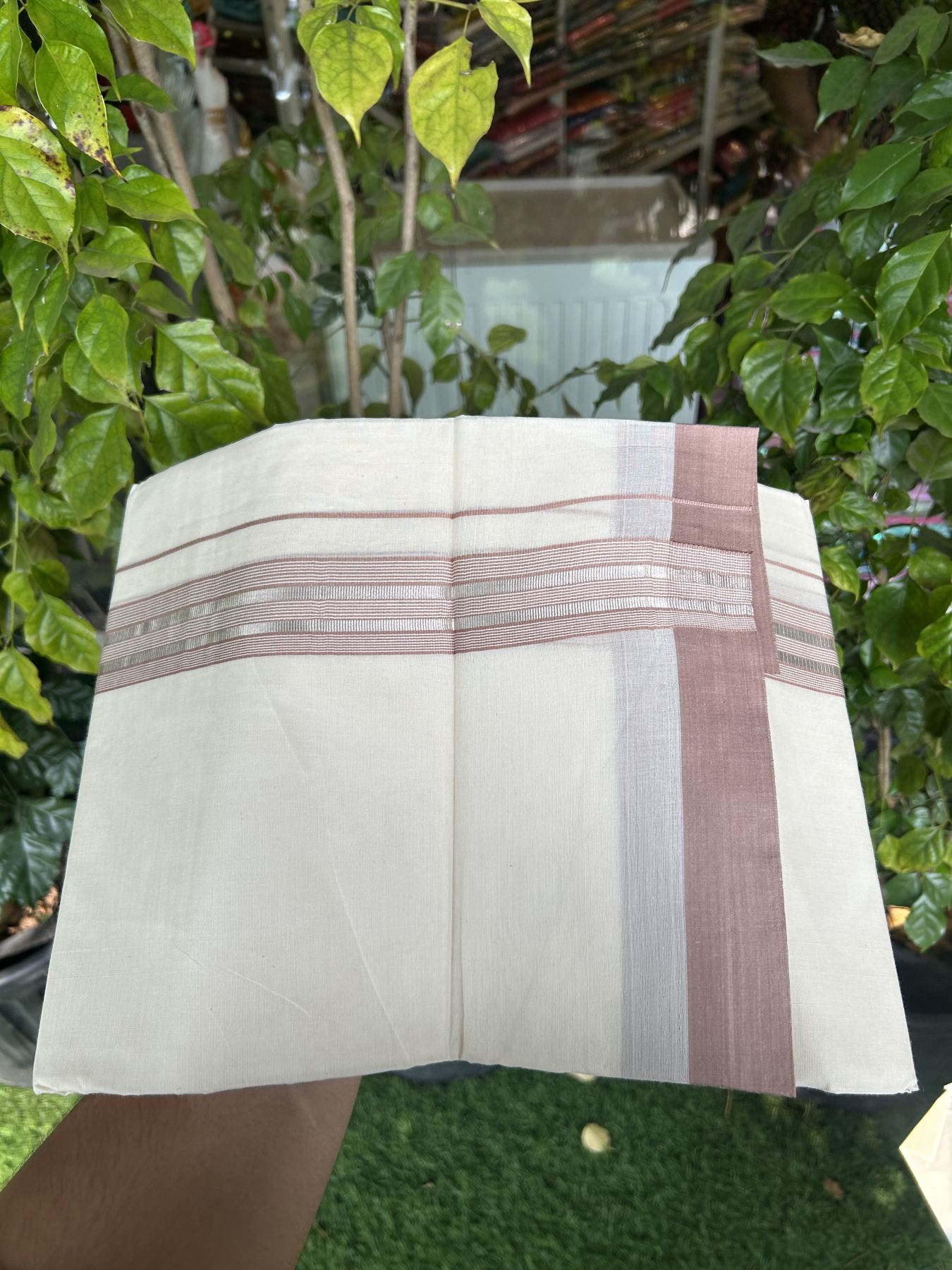 20% Discount !! KaithariKada Balaramapuram Double Off White (Unbleached) Mundu/Dhoti - 100x80 - 1.25 inch Light Brown & Silver Striped kara 3.90 mtr (8 muzham) - 12 KK5313 PMC
