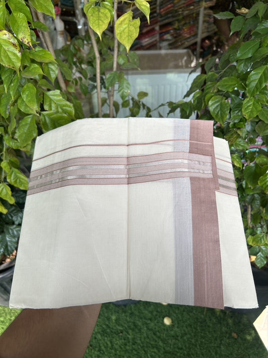 20% Discount !! KaithariKada Balaramapuram Double Off White (Unbleached) Mundu/Dhoti - 100x80 - 1.25 inch Light Brown & Silver Striped kara 3.90 mtr (8 muzham) - 12 KK5313 PMC
