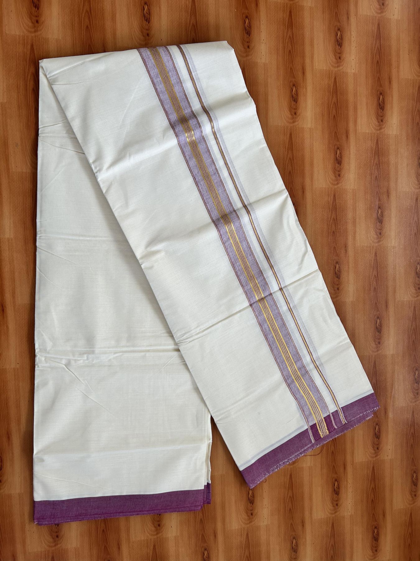 Double Off White - (Unbleached) Mundu/Dhoti - 20% Discount! KaithariKada Balaramapuram Pure Cotton - 80s - 1.5 inch Gold Kasav & Purple Wine Striped Kara - 4 mtr (8.5 Muzham) - 11 KK5416 GAN