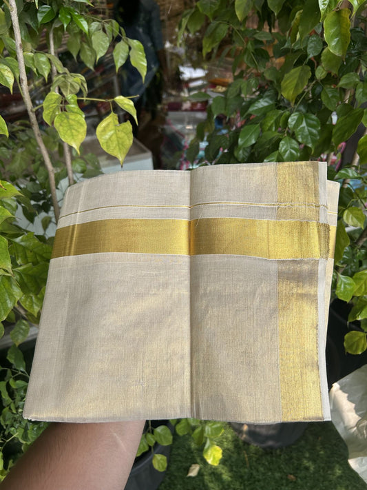 20% Discount! KaithariKada Balaramapuram 100% Cotton 100x80 - Gold Kasav Tissue Double Dhoti/Mund 1.5 inch gold kara 3.90m (8 muzham)- 9 KK5313 PMC