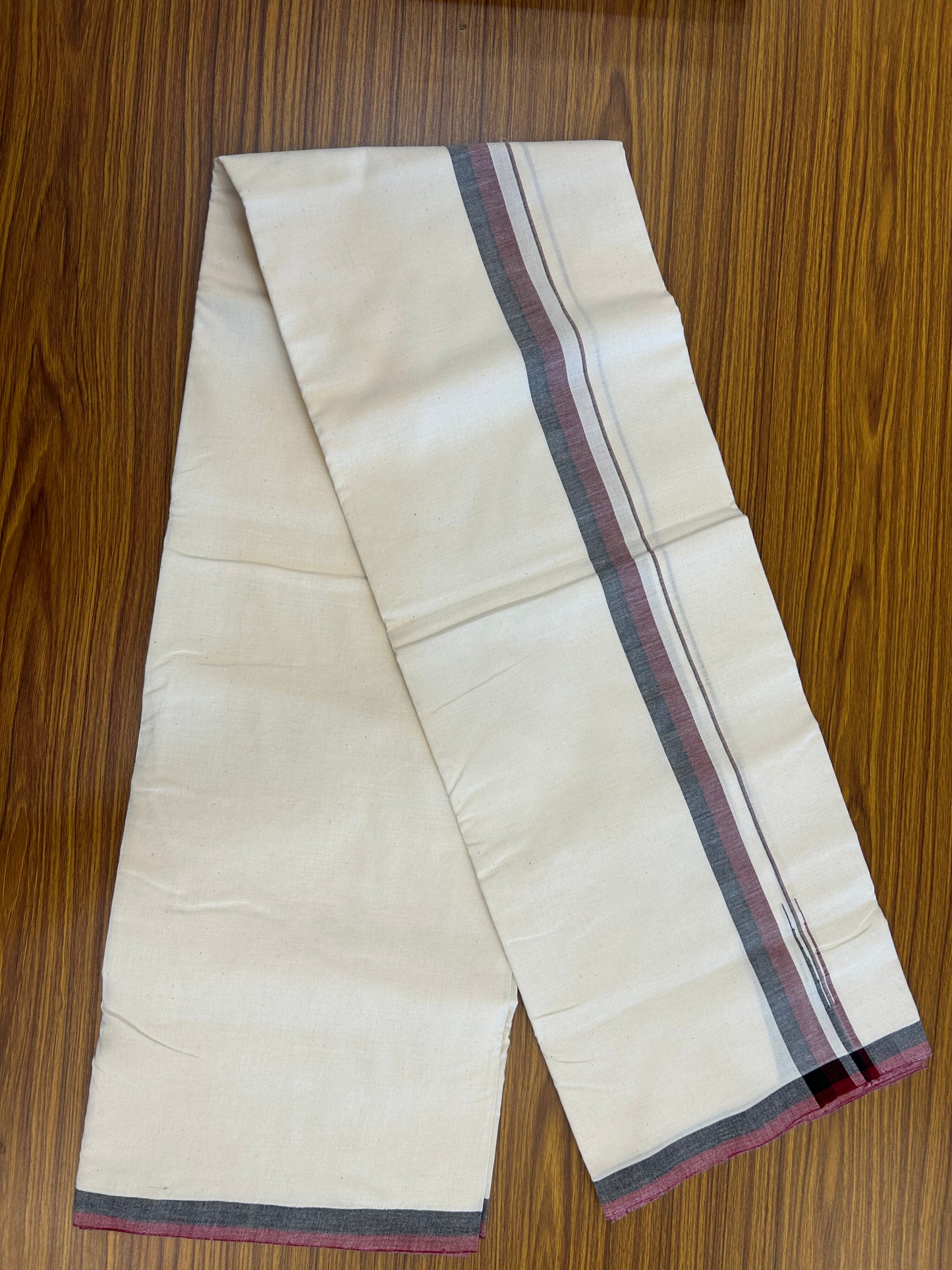 Dmk Veshti - 25%Discount !! Signature Kaitharikada Exclusive Single Dhoti - 100% Cotton - Kerala Handloom Single Mundu/Dhoti - Off White - (Unbleached) 1 inch Puliyilakkara Black & Maroon Chutty kara (2 meter / 4 muzham)- 3 KK5371 KAI