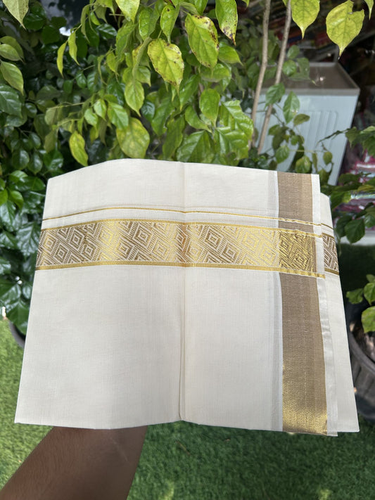 20% Discount! Kaitharikada Balaramapuram Double Off White - (Unbleached) Mund/Dhoti - Cotton mix - 100x80 - 1.75 inch Kasav Jacquard Design Kara 3.90 mtr (8 Muzham) - 1 KK5313 PMC