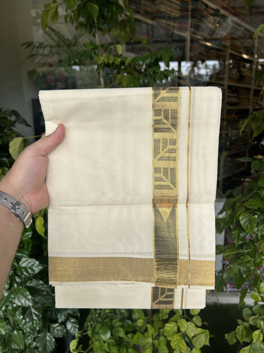 20% Discount! KaithariKada Balaramapuram Double Off White - (Unbleached) Mund/Dhoti - Cotton mix - 100X80- 1.5 inch Kasav Black Jacquard design chutty Kara 3.90 mtr (8 Muzham) - 8 KK5313 PMC