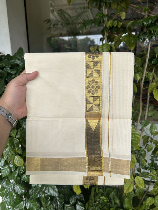 20% Discount! KaithariKada Balaramapuram Double Off White - (Unbleached) Mund/Dhoti - Cotton mix - 100X80- 1.5 inch Kasav Black Jacquard design chutty Kara 3.90 mtr (8 Muzham) - 3 KK5313 PMC