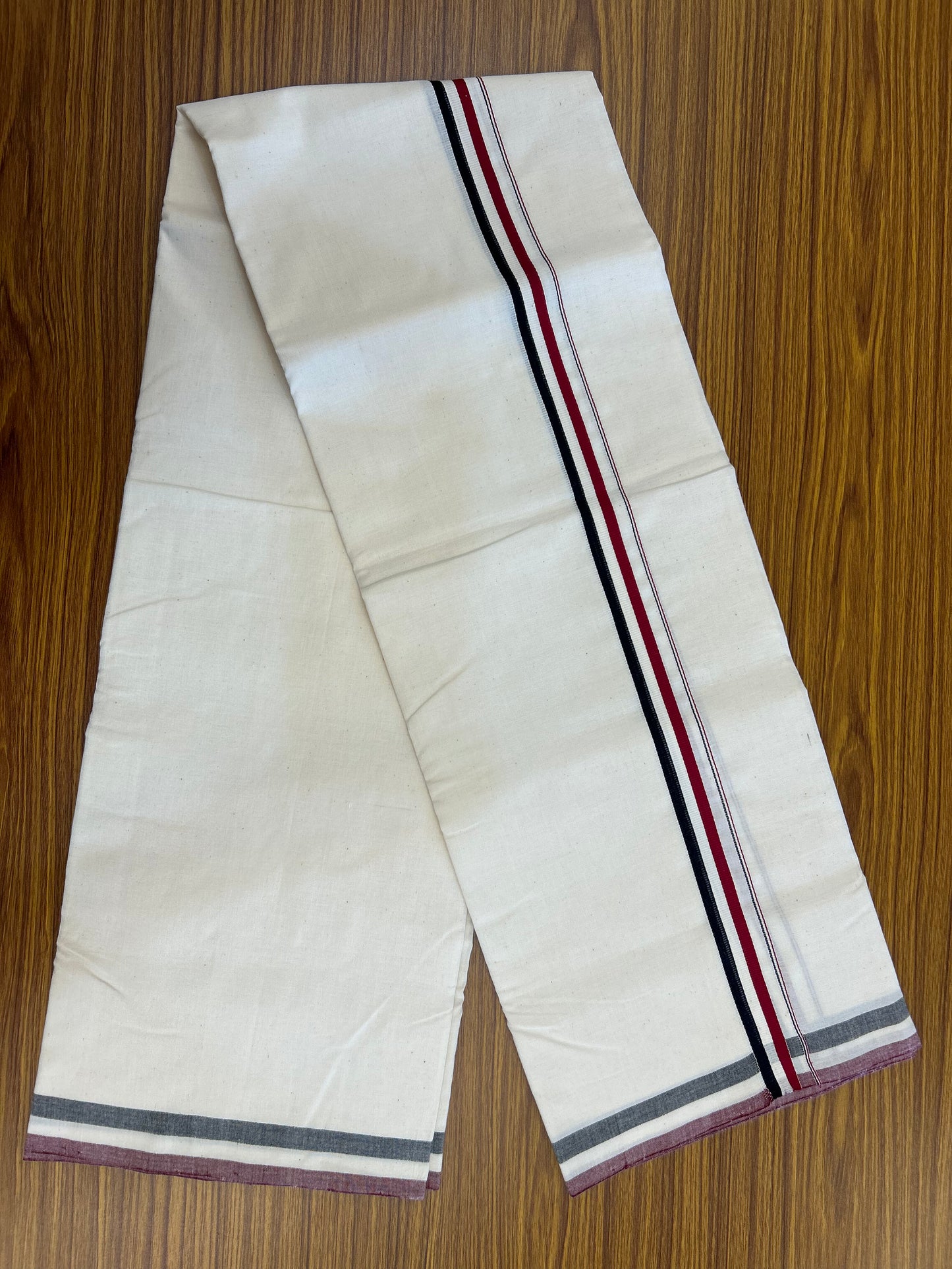 Admk Veshti - 25%Discount !! Signature Kaitharikada Exclusive Single Dhoti - 100% Cotton - Kerala Handloom Single Mundu/Dhoti - Off White - (Unbleached) 0.75 inch Black White & Maroon Red kara (2 meter / 4 muzham)- 1 KK5371 KAI