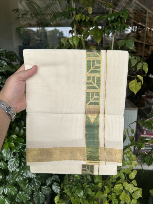 20% Discount! KaithariKada Balaramapuram Double Off White - (Unbleached) Mund/Dhoti - Cotton mix - 100X80- 1.5 inch Kasav Green Jacquard design chutty Kara 3.90 mtr (8 Muzham) - 6 KK5313 PMC