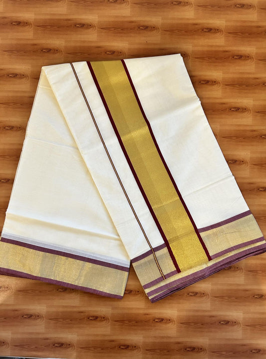 Off White Saree - 25% Discount! Kaitharikada Kerala Traditional Mixed Cotton Kasavu Saree - 3 Inch Pallu - Gold Kasav & Maroon Kara - 29 KK7000 PMC
