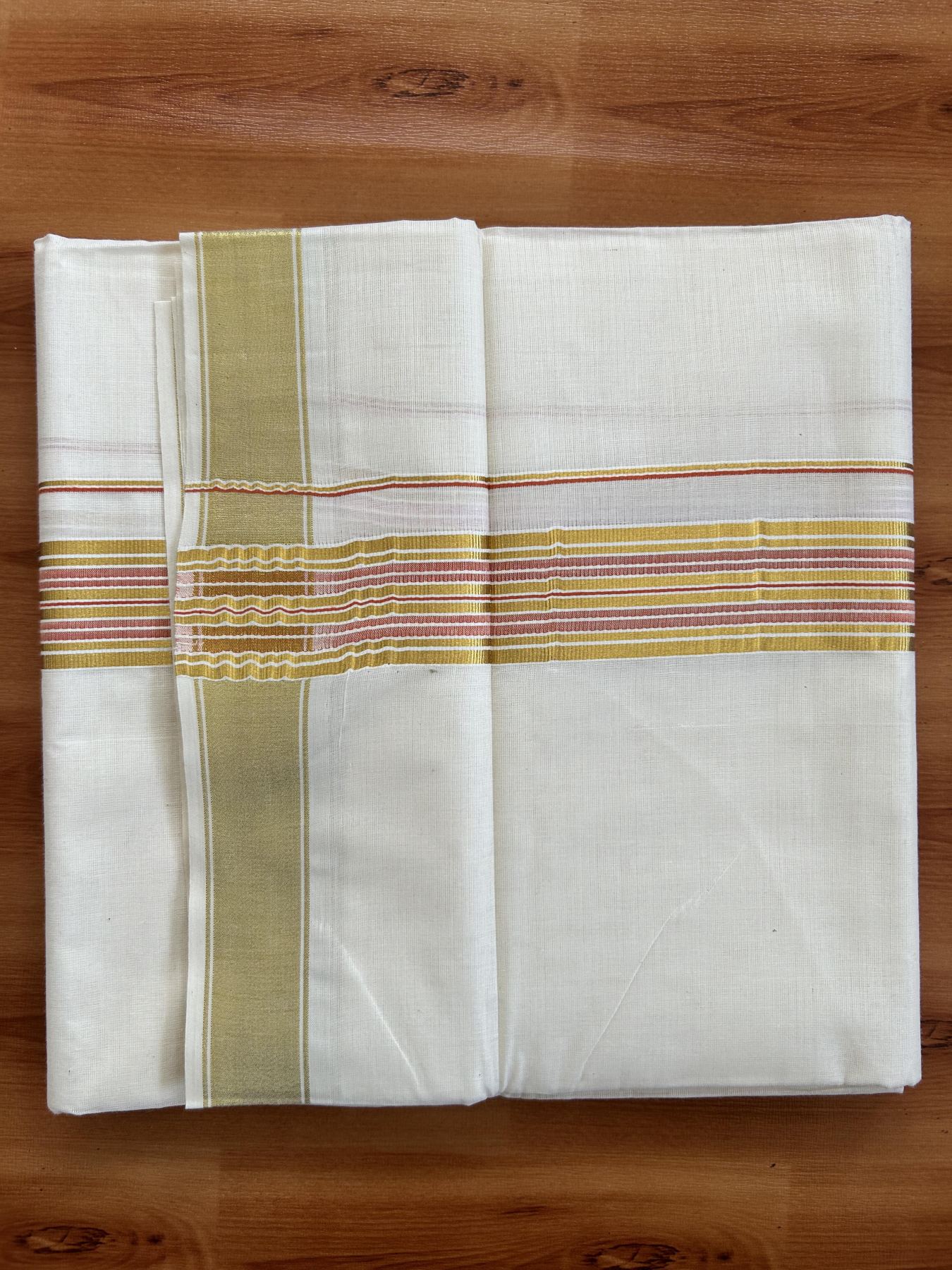 Double Off White - (Unbleached) Mundu/Dhoti - 20% Discount! KaithariKada Balaramapuram Pure Cotton - 80s - 1.5 inch Gold Kasav & Orange Striped Kara - 4 mtr (8.5 Muzham) - 26 KK5416 GAN