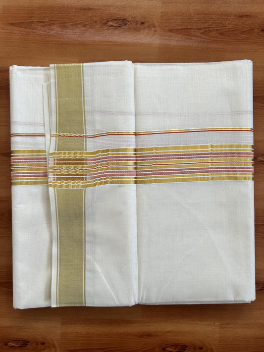 Double Off White - (Unbleached) Mundu/Dhoti - 20% Discount! KaithariKada Balaramapuram Pure Cotton - 80s - 1.5 inch Gold Kasav & Orange Striped Kara - 4 mtr (8.5 Muzham) - 26 KK5416 GAN