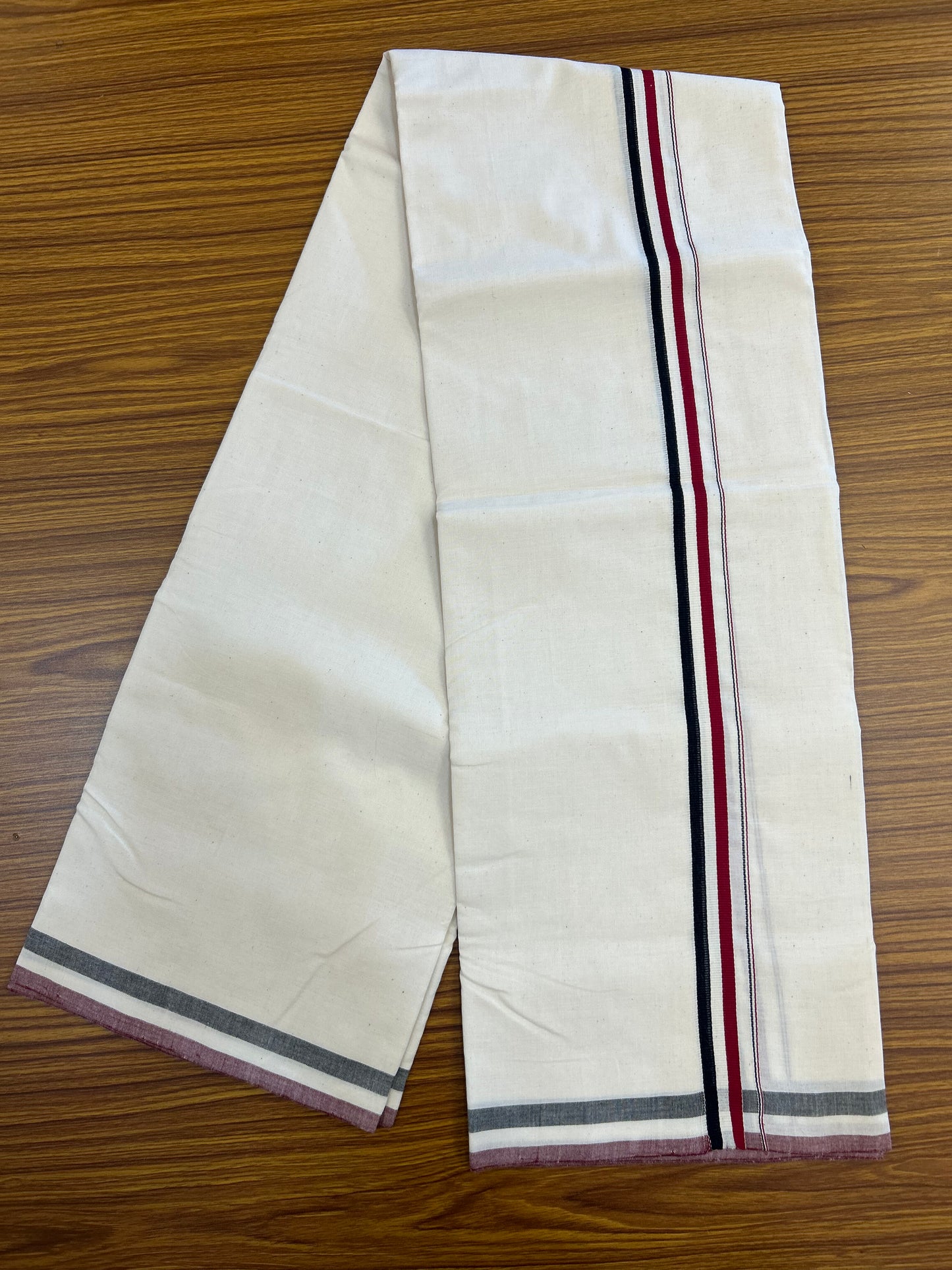 Admk Veshti - 25%Discount !! Signature Kaitharikada Exclusive Single Dhoti - 100% Cotton - Kerala Handloom Single Mundu/Dhoti - Off White - (Unbleached) 0.75 inch Black White & Maroon Red kara (2 meter / 4 muzham)- 1 KK5371 KAI