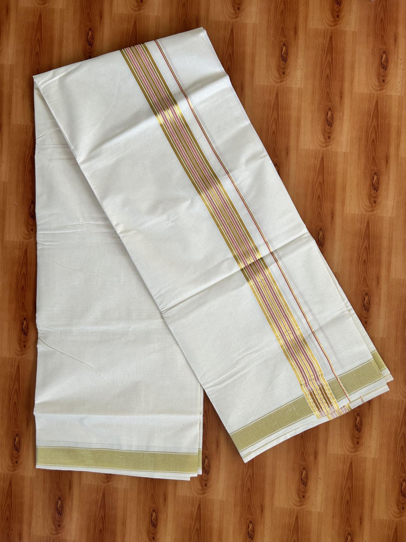 Double Off White - (Unbleached) Mundu/Dhoti - 20% Discount! KaithariKada Balaramapuram Pure Cotton - 80s - 1.5 inch Gold Kasav & Orange Striped Kara - 4 mtr (8.5 Muzham) - 26 KK5416 GAN