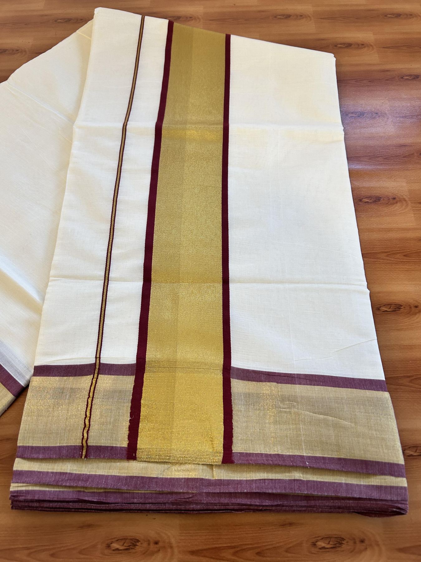 Off White Saree - 25% Discount! Kaitharikada Kerala Traditional Mixed Cotton Kasavu Saree - 3 Inch Pallu - Gold Kasav & Maroon Kara - 29 KK7000 PMC