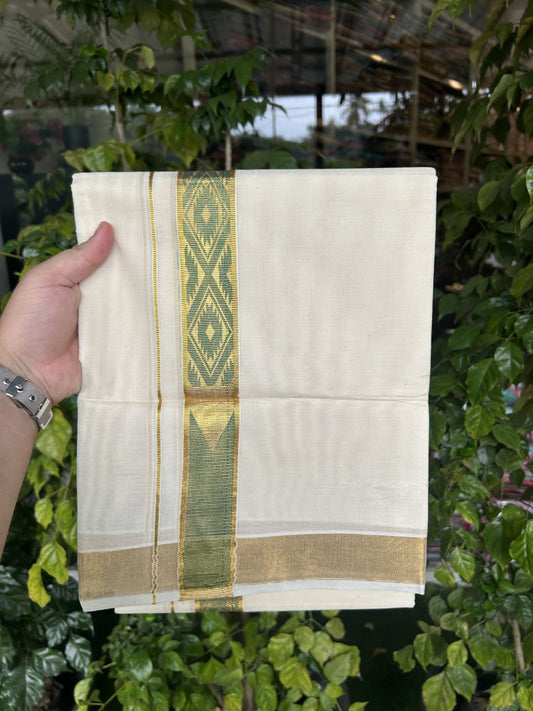 20% Discount! KaithariKada Balaramapuram Double Off White - (Unbleached) Mund/Dhoti - Cotton mix - 100X80- 1.5 inch Kasav Green Jacquard design chutty Kara 3.90 mtr (8 Muzham) - 4 KK5313 PMC