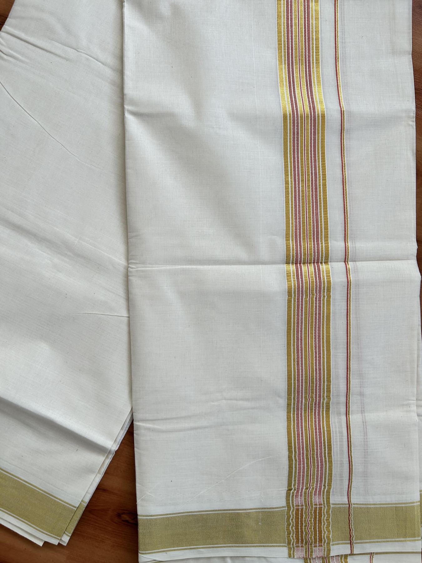 Double Off White - (Unbleached) Mundu/Dhoti - 20% Discount! KaithariKada Balaramapuram Pure Cotton - 80s - 1.5 inch Gold Kasav & Orange Striped Kara - 4 mtr (8.5 Muzham) - 26 KK5416 GAN