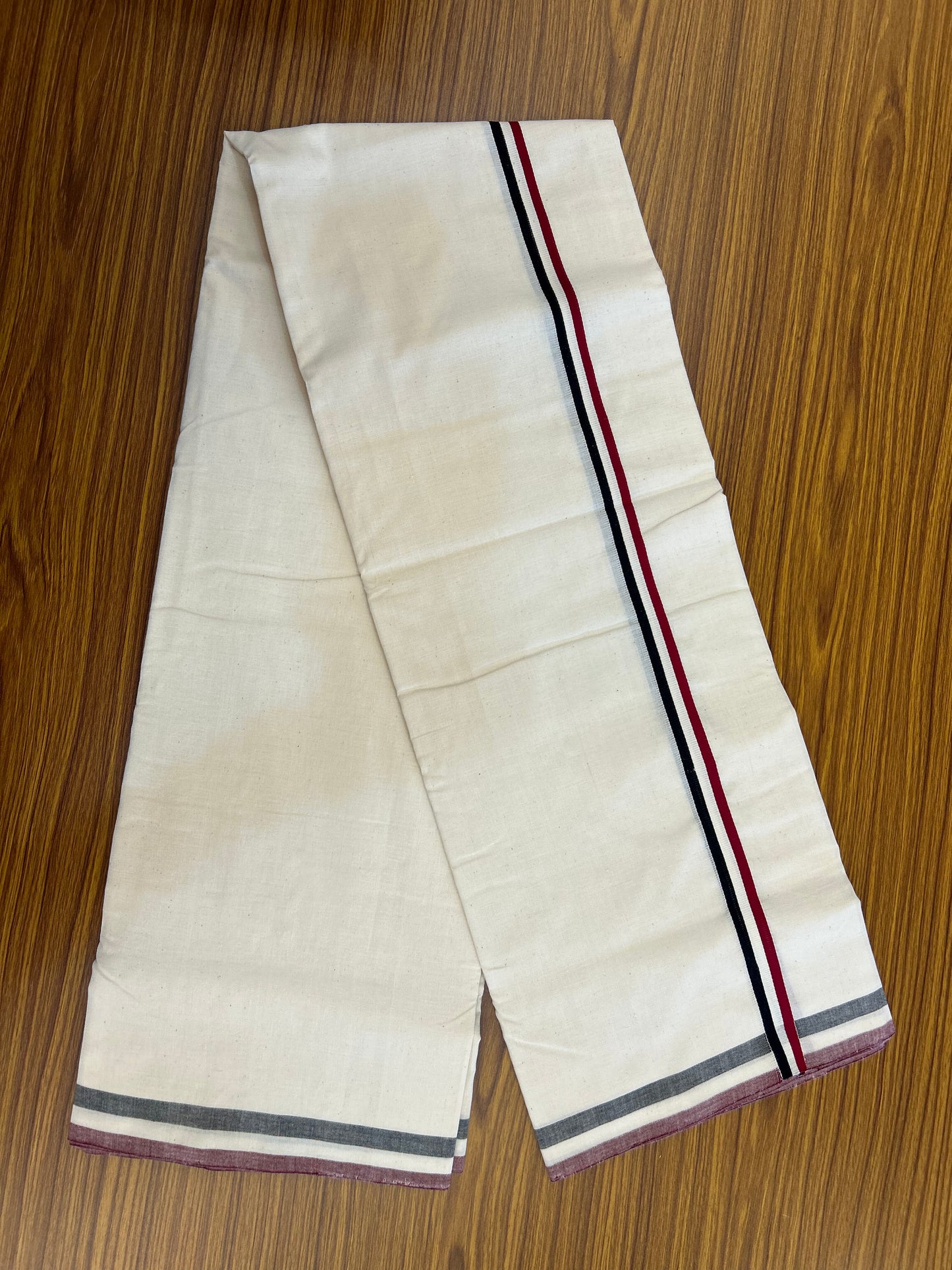 Admk Veshti - 25%Discount !! Signature Kaitharikada Exclusive Single Dhoti - 100% Cotton - Kerala Handloom Single Mundu/Dhoti - Off White - (Unbleached) 0.75 inch Black White & Maroon Red kara (2 meter / 4 muzham)- 2 KK5371 KAI