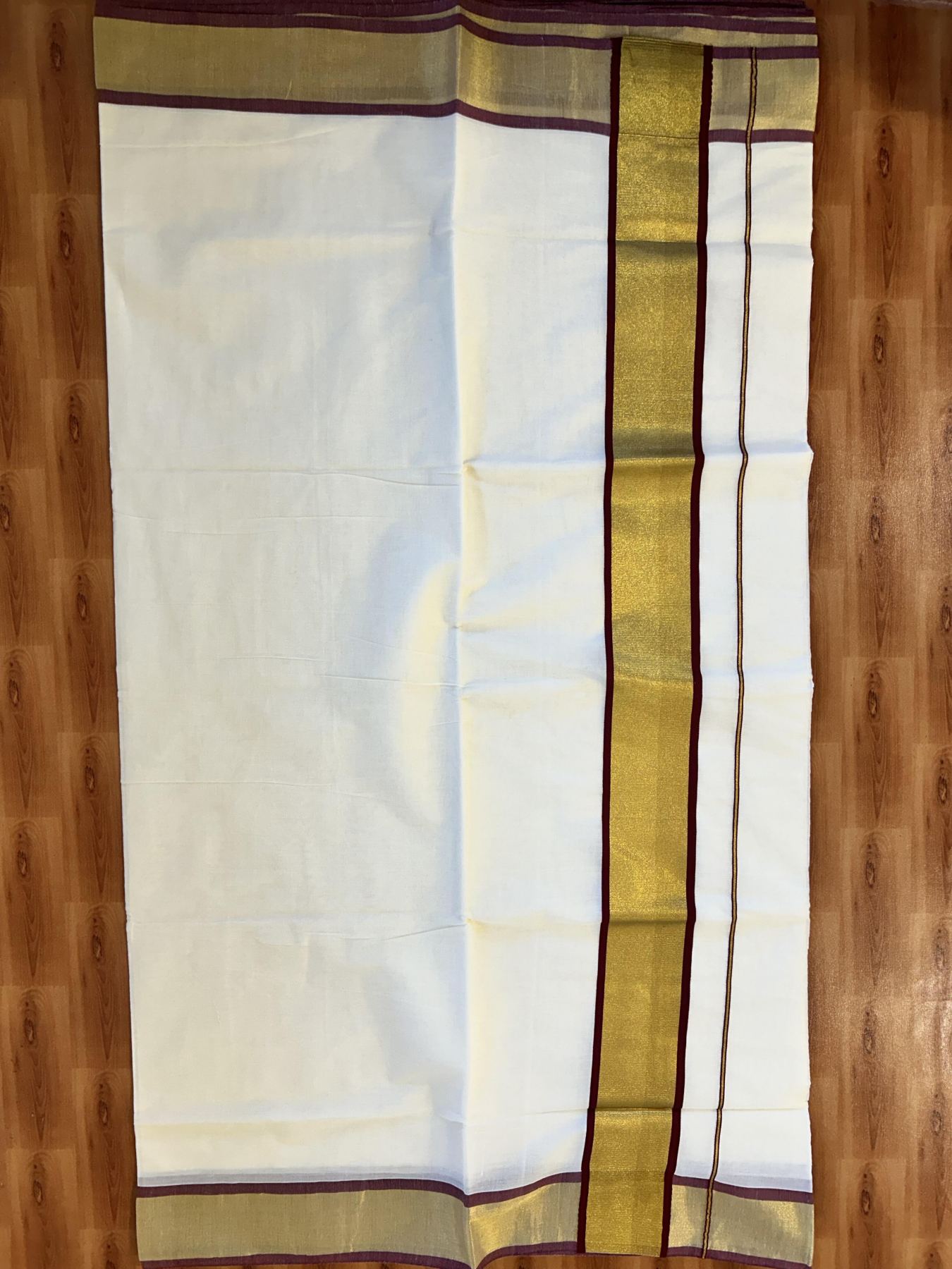 Off White Saree - 25% Discount! Kaitharikada Kerala Traditional Mixed Cotton Kasavu Saree - 3 Inch Pallu - Gold Kasav & Maroon Kara - 29 KK7000 PMC