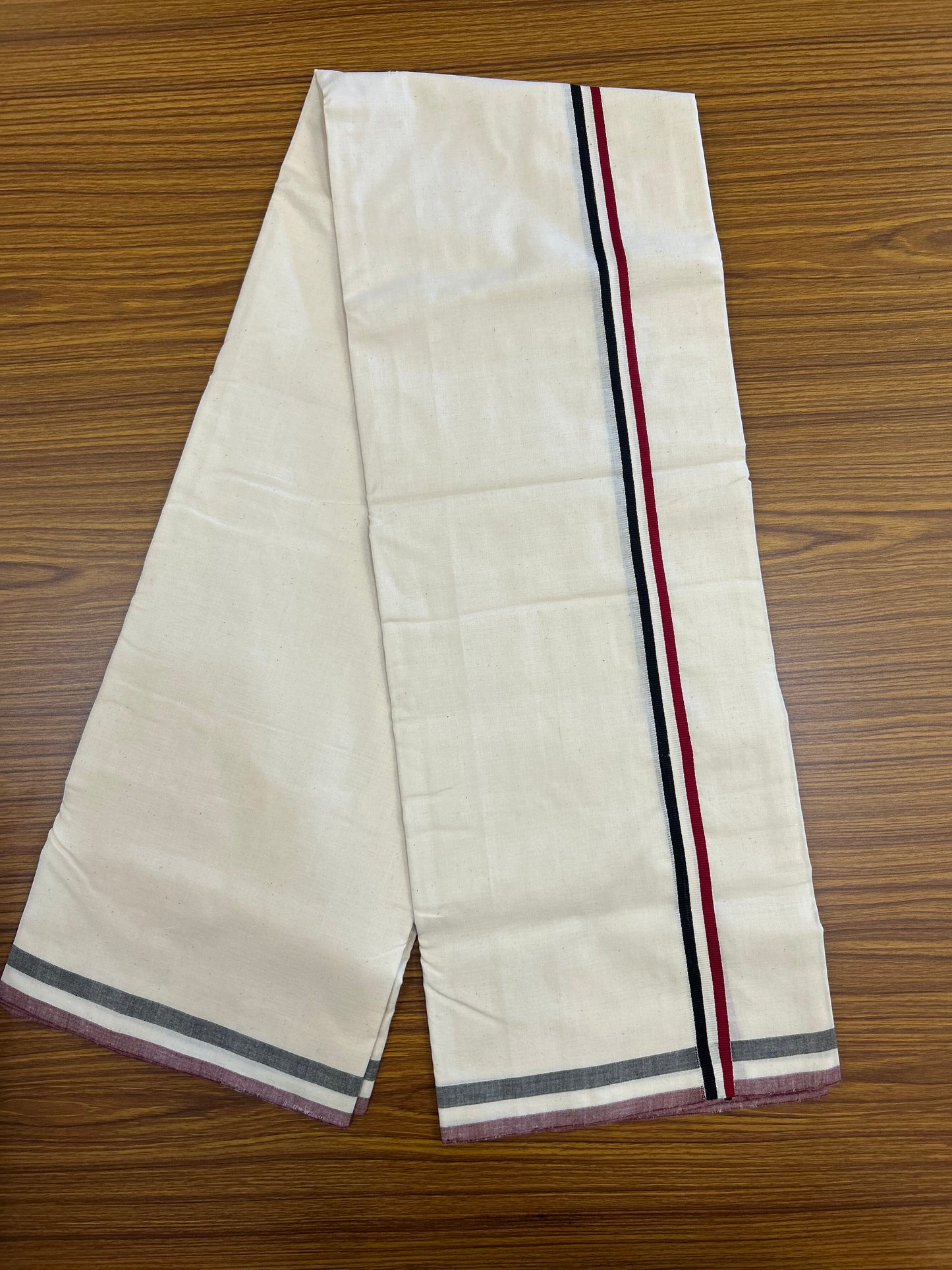 Admk Veshti - 25%Discount !! Signature Kaitharikada Exclusive Single Dhoti - 100% Cotton - Kerala Handloom Single Mundu/Dhoti - Off White - (Unbleached) 0.75 inch Black White & Maroon Red kara (2 meter / 4 muzham)- 2 KK5371 KAI