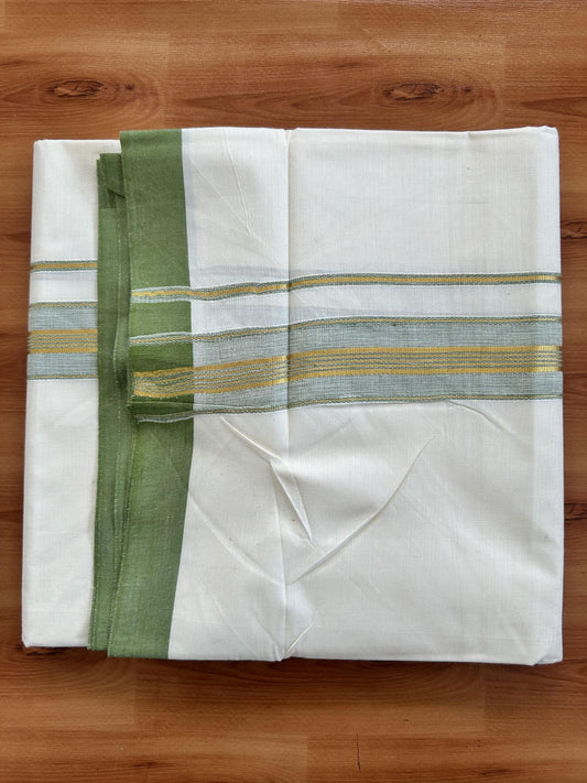 Double Off White - (Unbleached) Mundu/Dhoti - 20% Discount! KaithariKada Balaramapuram Pure Cotton - 80s - 1.5 inch Gold Kasav & Parrot Green Striped Kara - 4 mtr (8.5 Muzham) - 13 KK5416 GAN