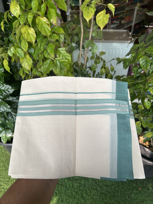 20% Discount !! KaithariKada Balaramapuram Double Off White (Unbleached) Mundu/Dhoti - 100x80 - 1.5 inch Green & Silver Striped kara 3.90 mtr (8 muzham) - 14 KK5313 PMC