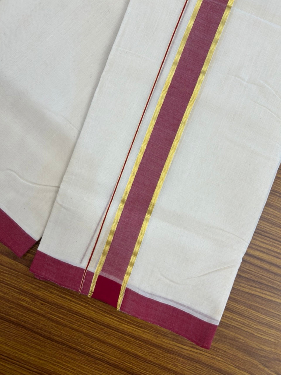 25% Discount! KaithariKada Handloom Millpaav Balaramapuram - Cotton Double Mundu/Dhoti Off white (Unbleached) - 80x90 - 1.5 inch Kasav & Maroon shaded Kara 3.60 meter (8 Muzham) - 61 KK5256 RAM