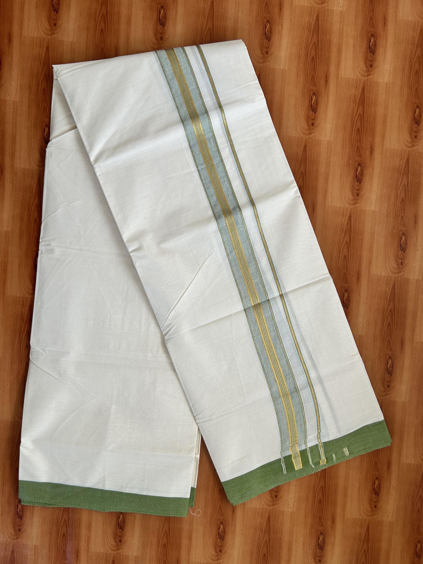 Double Off White - (Unbleached) Mundu/Dhoti - 20% Discount! KaithariKada Balaramapuram Pure Cotton - 80s - 1.5 inch Gold Kasav & Parrot Green Striped Kara - 4 mtr (8.5 Muzham) - 13 KK5416 GAN