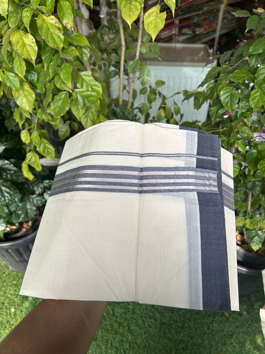 20% Discount !! KaithariKada Balaramapuram Double Off White (Unbleached) Mundu/Dhoti - 100x80 - 1.25 inch Navy Blue & Silver Striped kara 3.90 mtr (8 muzham) - 20 KK5313 PMC