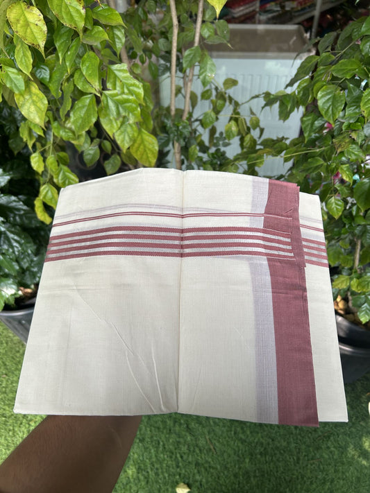 20% Discount !! KaithariKada Balaramapuram Double Off White (Unbleached) Mundu/Dhoti - 100x80 - 1.25 inch Dark Dusty Peach & Silver Striped kara 3.90 mtr (8 muzham) - 19 KK5313 PMC
