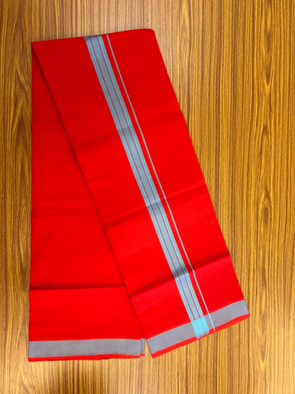 19% Discount!!! Kaitharikada - Single Kaily / Lungi - 1.25 inch Light Blue Pattern striped kara with Chilly Red colour body  (2 meter / 4 muzham) - 56 KK8035 GAN