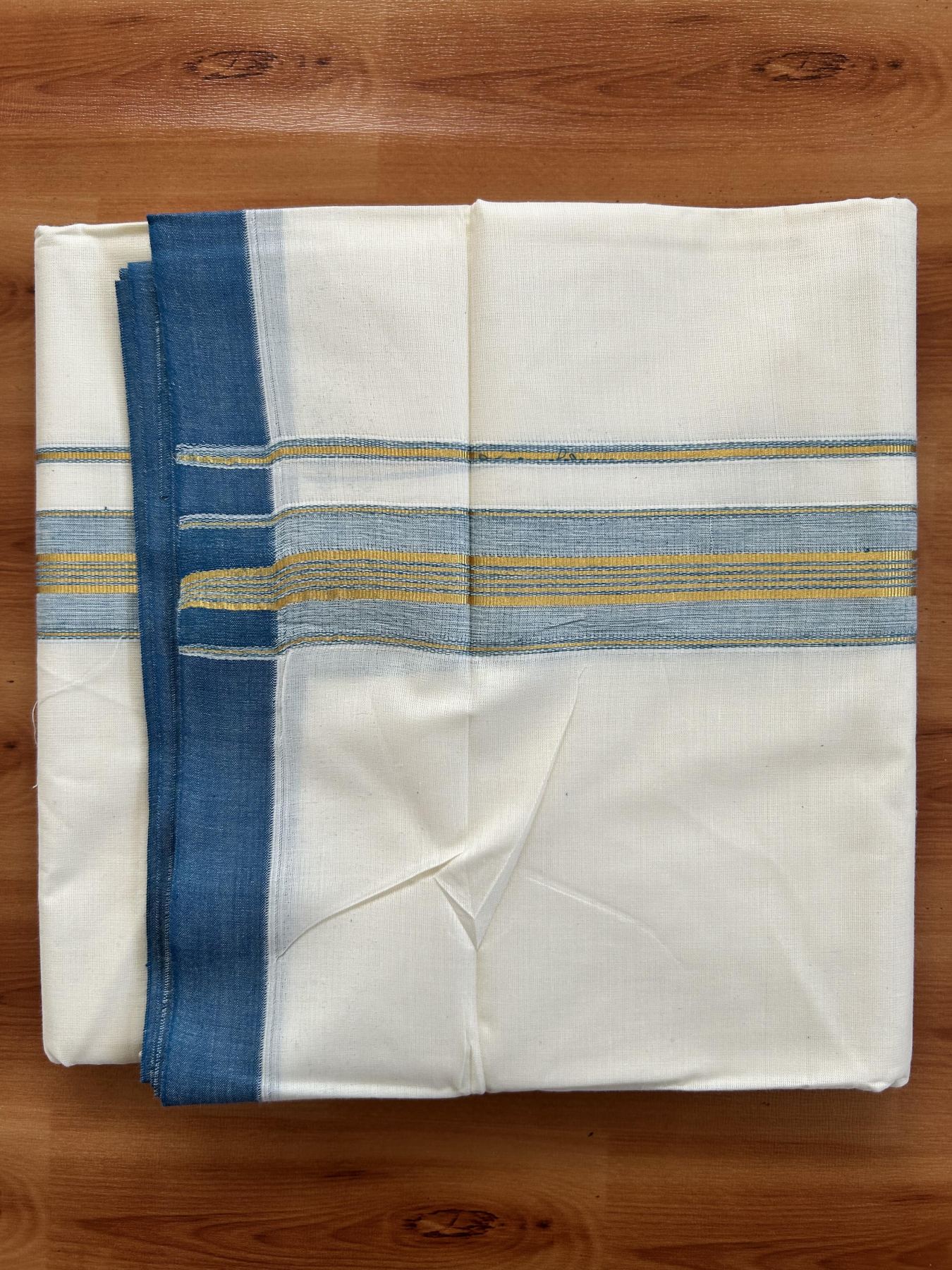 Double Off White - (Unbleached) Mundu/Dhoti - 20% Discount! KaithariKada Balaramapuram Pure Cotton - 80s - 1.5 inch Gold Kasav & Peacock Blue Striped Kara - 4 mtr (8.5 Muzham) - 15 KK5416 GAN