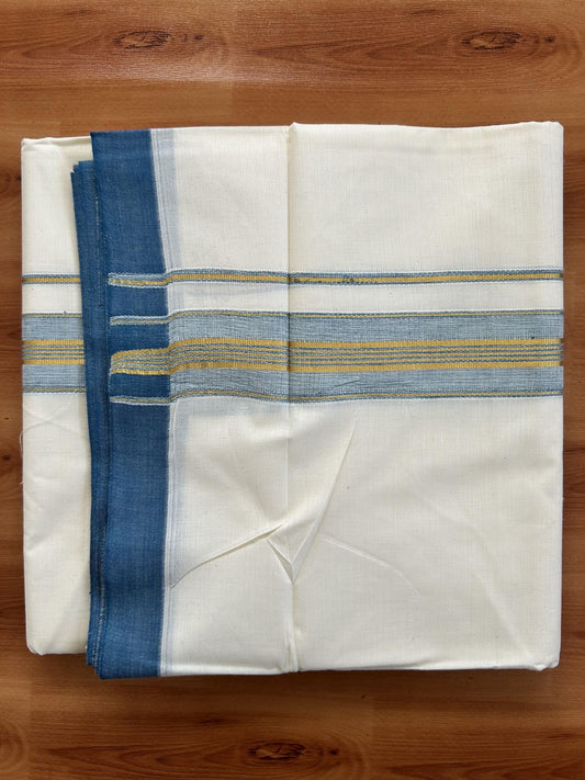 Double Off White - (Unbleached) Mundu/Dhoti - 20% Discount! KaithariKada Balaramapuram Pure Cotton - 80s - 1.5 inch Gold Kasav & Peacock Blue Striped Kara - 4 mtr (8.5 Muzham) - 15 KK5416 GAN