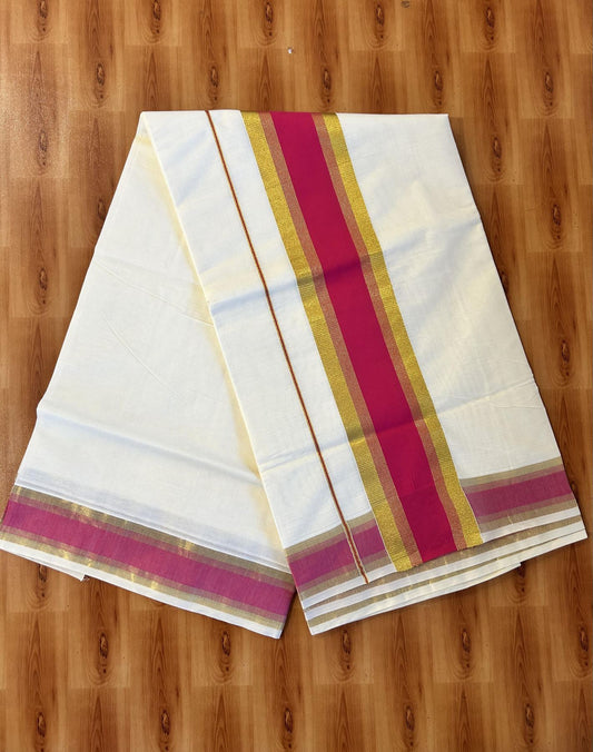 Off White Saree - 25% Discount! Kaitharikada Kerala Traditional Mixed Cotton Kasavu Saree - 3 Inch Pallu - Gold Kasav & Majenta Stripes Kara - 26 KK7000 PMC